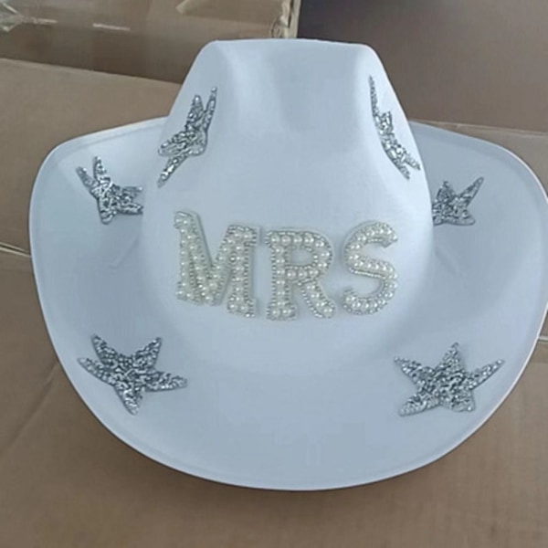 Cowboyhatt Bokstav Diamant Hatt VIT FRU MRS Vit White MRS-MRS