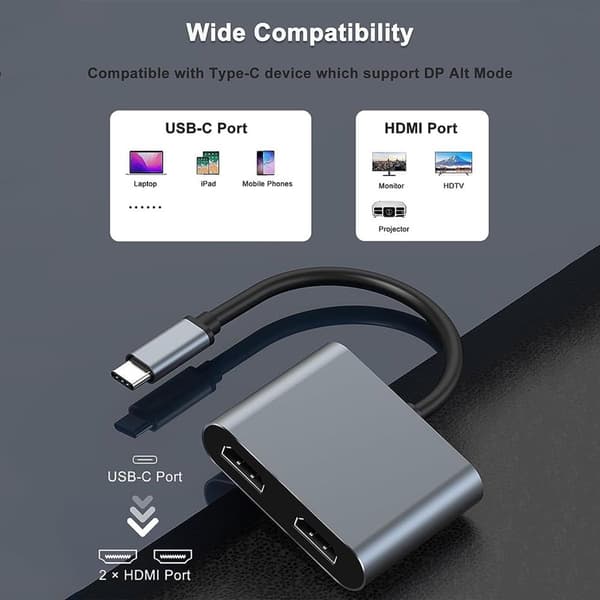 USB-C til HDMI dobbel skjermadapter, 4K 60Hz, Plug and Play aluminiumskabinett for HP, Dell, Surface, Lenovo, ThinkPad bærbare datamaskiner