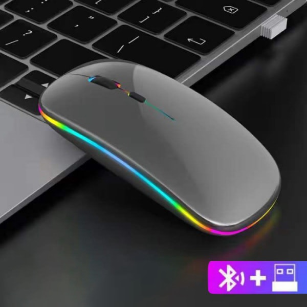 Uppladdningsbar och trådlös 2,4 GHz USB -mus med Bluetooth 5.1 grå