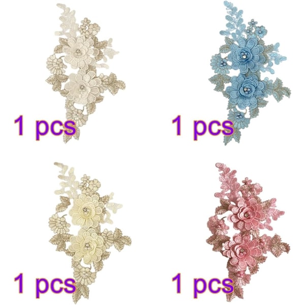 4 stk. Blomsterbroderte applikasjonslapper for DIY klær, søm, håndverk og utklippsbok 4 pieces