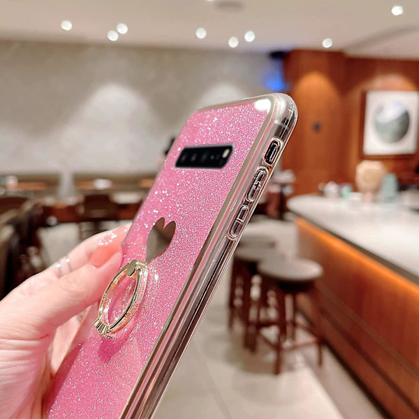 Skal för Samsung Galaxy S10 (inte S10 Plus) Flicka Kvinna Sött Lyxigt Glitter Glänsande Glittrigt Fodral Med Ringstativ Hjärta Tunt Mjukt Stötsäkert Skydd P