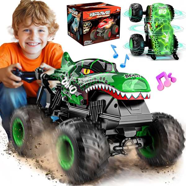 Monster Truck Toys, 2.4GHz RC Monster Trucks for Boys, 1:20 Dinosaur RC Cars with Lights and Music, Remote Control Stunt Truck, 360° Spin, for Kids