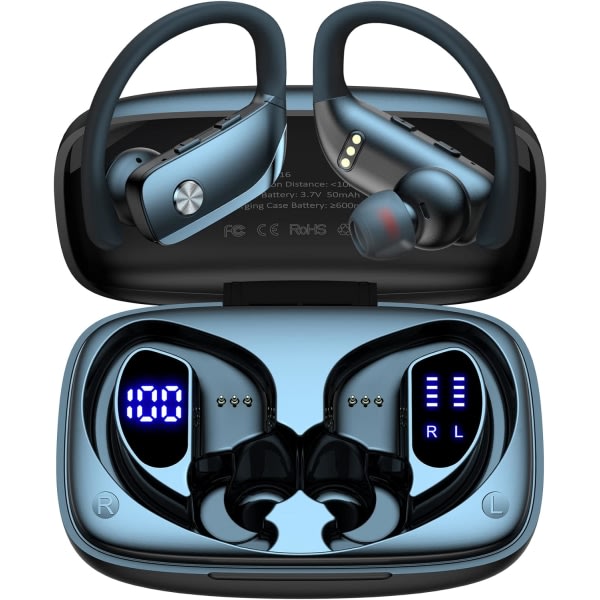Trådlösa hörlurar Bluetooth hörlurar 48 timmar Play Back Sporthörlurar med LED-skärm Over-Ear Buds med öronkrokar Inbyggt mikrofonheadset Lila