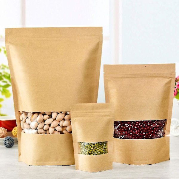 100 stk. Kraftposer med vindue, Stå op Ziplock Seal Papirpose, Madopbevaringspose - 16*26cm