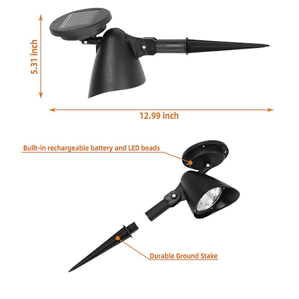 2-pack Solcellsdriven LED-spotlight för utomhusbruk, trädgård, gård, landskap, strålkastare, vattentät