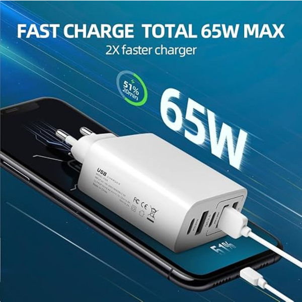Flera Laddare 65W 5 USB-Portar C, QC3.0, USB C PD20W Adapteri, Flera Laddare, Nopeampi ja Turvallisempi Lataus. Yhteensopiva Kaikkien Matkapuhelimien Kanssa