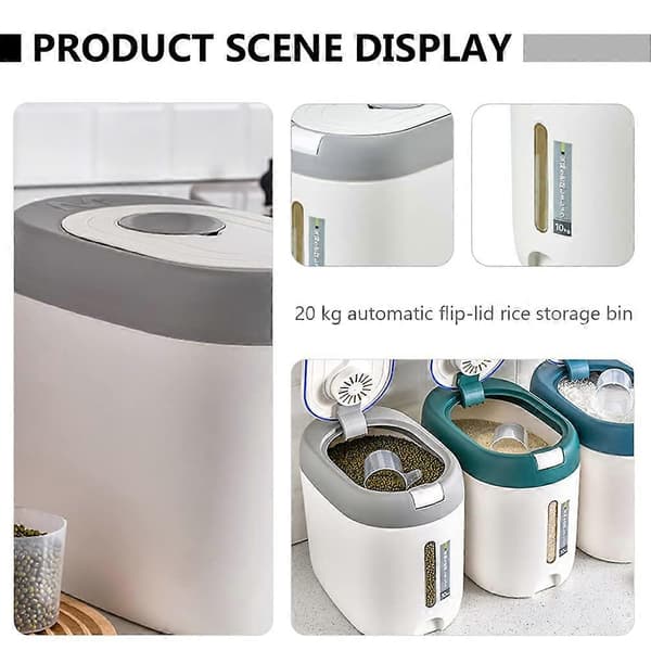 Rice Container Plastic Rice Bucket Moisture-Proof Grain Dispenser Airtight Rice Storage Container Food Storage Container Light Grey White