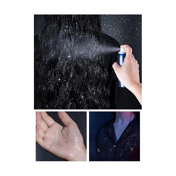 Kimalteleva spray tai glitterjauhe, kiiltävä vartalokiilto vaatteille ja hiuksille, glitterisuihke-meikki