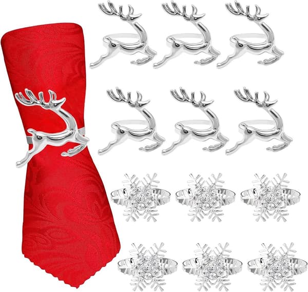 Julservettringar - 12 stycken - Älg & Snöflingor - Silver Servettring