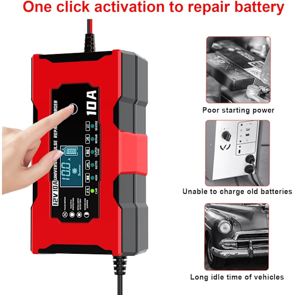 10A 12V LiFePO4 Batterioplader, Smart Batterioplader med Automatisk Reparationsfunktion og LCD-Skærm, Bilbatterioplader
