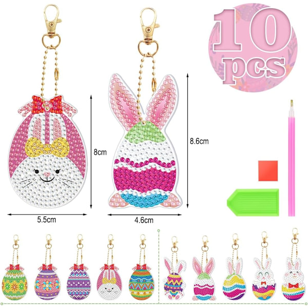 10 kpl timanttimaalaus lapsille, pääsiäinen, jänis, pääsiäismunat, timanttimaalaus, avaimenperäsetti, pääsiäislahja tai pääsiäislasten koristelu keychain easter