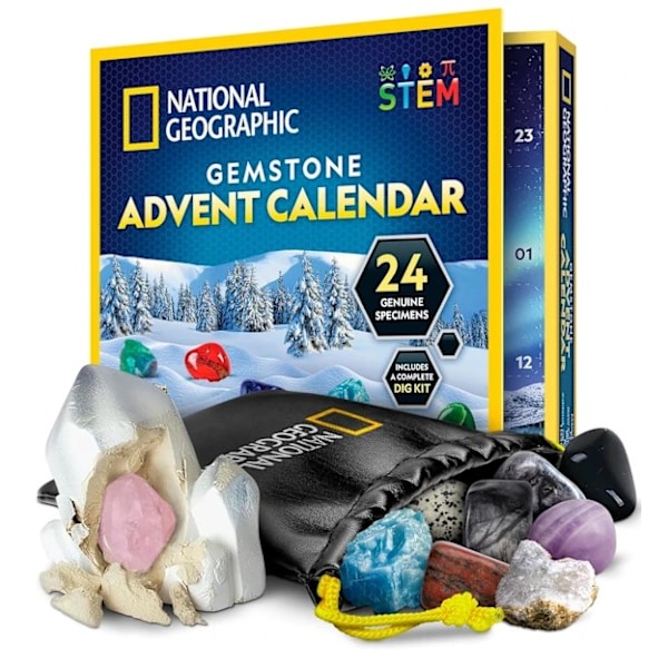 NATIONAL GEOGRAPHIC Ædelstens Adventskalender - 2024 Adventskalender til Børn med 24 Ædelstene at Åbne Hver Dag, Mini Gem Digger Kalender