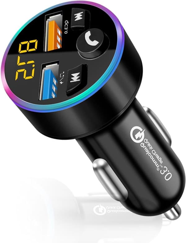 Bluetooth FM-sender til bil med dobbelt USB-hurtigoplader, LED-display og håndfri opkald, radioadapter til 12V/24V køretøjer, sort