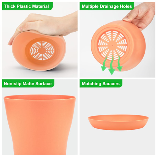 x 14 cm Plastblomkrukor för Inomhus- och Utomhusväxter med Fat, Lämpliga för Plantor, Kaktusar, Suckulenter, Orkidéer och Örter. 8 Färger
