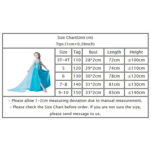 Elsa prinsessekjole + 4 ekstra tilbehør 110 cm 110 cm one size