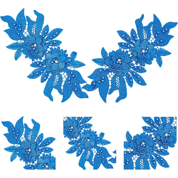 2 st 3D spetsapplikationer, blå påsybara broderade spetsblommor, lappar med blommönster, pärlstrass, spetstyg, pärlapplikationer för sömnad