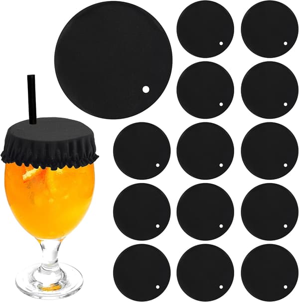 15-pack Universal Dryckesskydd Scrunchie – Tvättbart Elastiskt Dryckesskydd med Sugrörshål, Polyester/Elastanband för Koppar & Glas – Svart