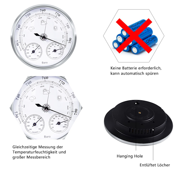 Analog vejrstation, barometer, termometer, hygrometer (Sølv, 128 mm) silver