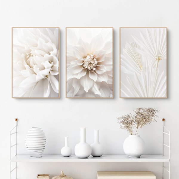 Sæt med 3 plakater, hvide rosenblomster billeder, moderne lærredsbilleder, uden ramme, boho billedsæt, vægdekoration til stue, soveværelse 30*40cm