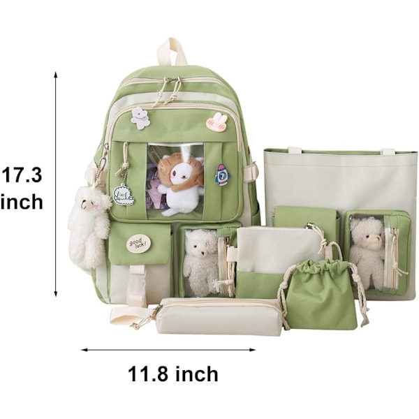 Canvas skoletaske kombination, kawaii skolepige skoletaske grøn-WELLNGS green