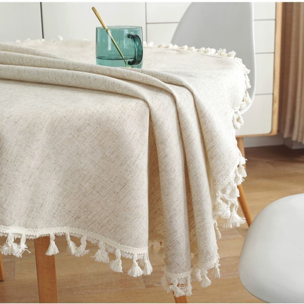 Beige rund dug 150 cm vaskbar linned bomuldsdug krølfrit KLB