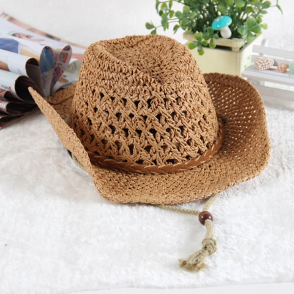 Cowboyhat i halm, formbar, bred skygge, solbeskyttelse, størrelse S til voksne