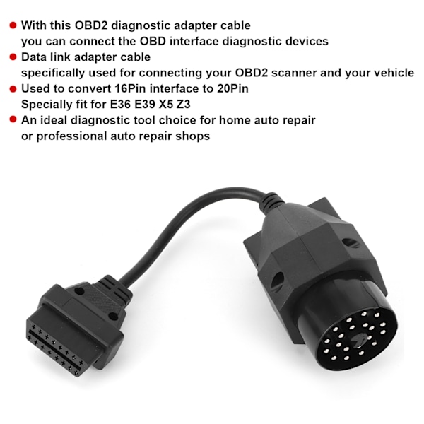 OBD2-adapterikaapeli 16-nastainen naaras - 20-nastainen diagnostiikkakaapelin liitin Sopii E36 E39 X5 Z3 -malleihin