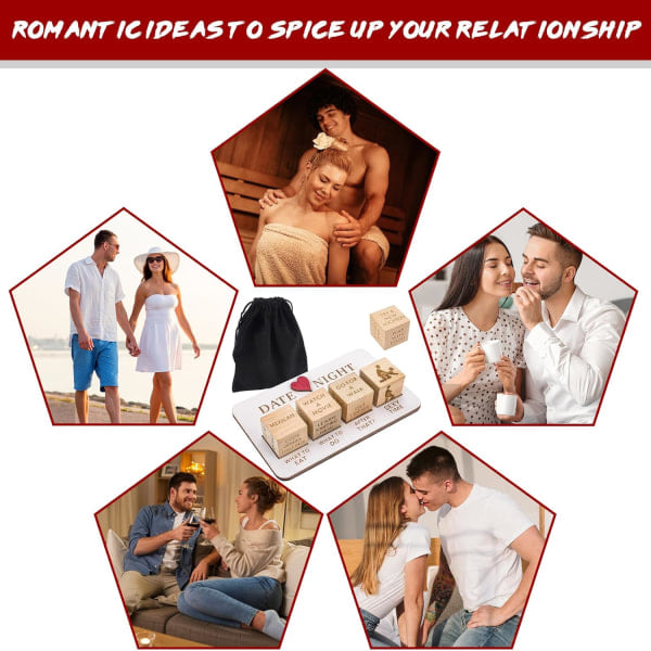 Romantisk date night-terning for par - Morsomme parspill med poseoppbevaring - Gjenbrukbart sett for jubileum, Valentinsdag