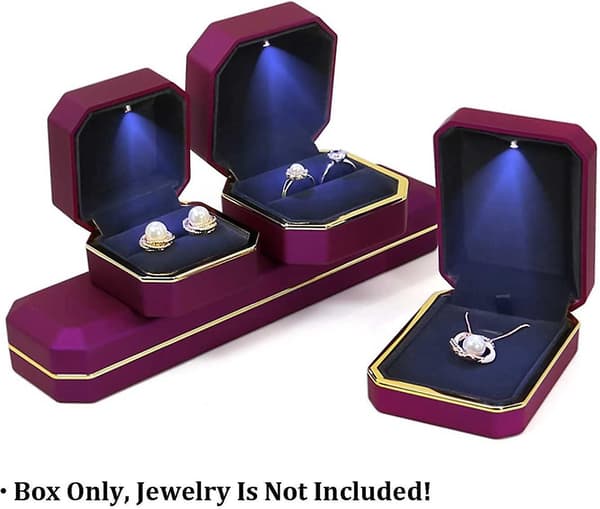 Luxurious Square Velvet Ring Box with LED Light for Proposal, Engagement, Wedding, Purple