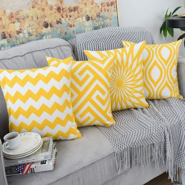 IC Boho Broderat Bomullsöverdrag Fyrkantigt Geometriskt Mönster Dekorativt Överdrag för Soffa Bil 45x45 cm Gul A