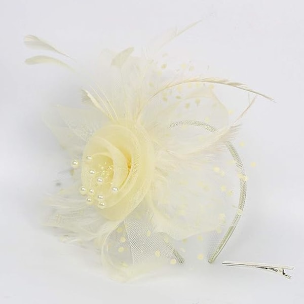 Fascinerende hat til kvinder, damer, bryllup, teselskab, flapperhat, Ascot-væddeløbshat, fjerblomst (beige)