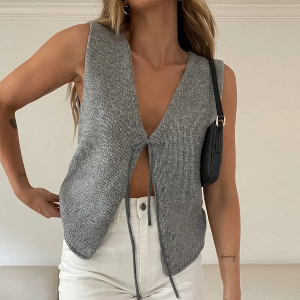 Kvinder Vintage Y2k Trøje Strikket Vest Monteret Ærmeløs Åben Front Med Sløjfe Knude Bindebånd V-Hals Ensfarvede Tanktoppe Til Sommer C S