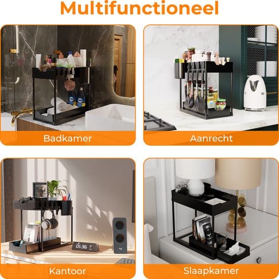 Under Sink Organizer med 2 udtræksskuffer, værktøjsfri montering til køkken- og badeværelsesskab, sort