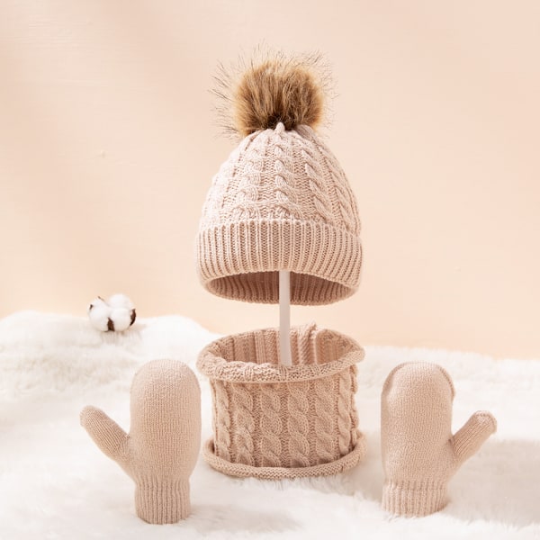 Ull Monokrom Friterad Deg Twist Varm Barnmössa Scarfhandskar Tredelat Set Barnmössa (khaki)