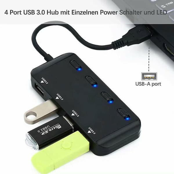 USB 3.0-hub - 4 porter, strømforsynt, 5 Gbit/s dataoverføringshastighet, strømbryter og LED
