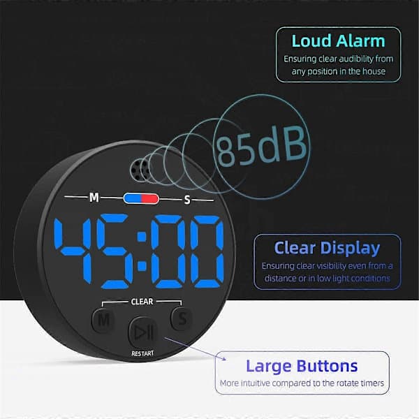Visuell digital timer med LED-display - perfekt for kjøkkenet, blå