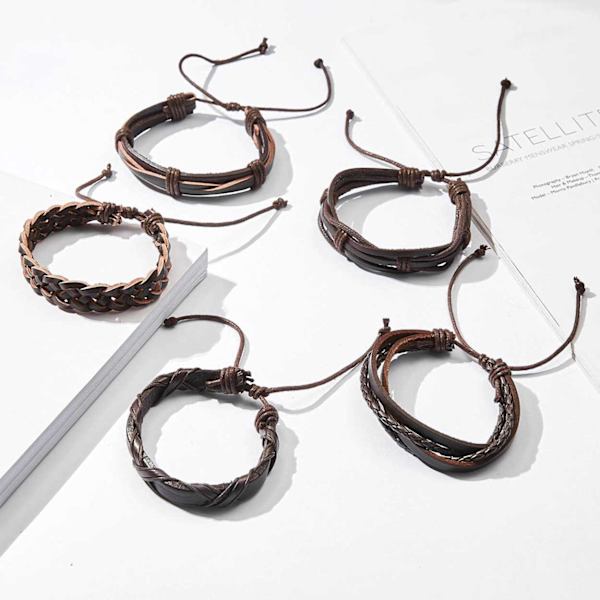 5-pakke håndlavet læderarmbånd mænds ledning brun brun
