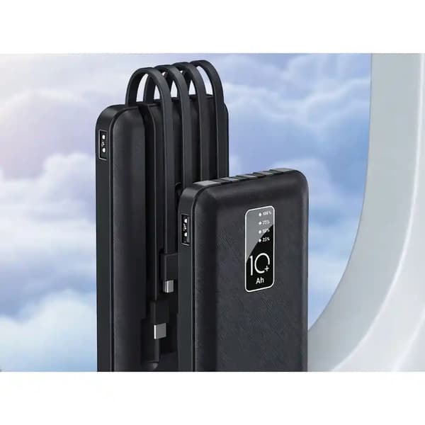 Powerbank på 10.000 mAh med indbyggede kabler – USB-C, Lightning og Micro USB (LED-display)