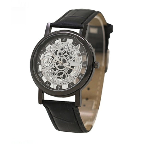 Sort Trendy Clock Skelet Transparent Læder Armbånd sort