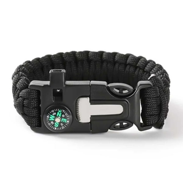 Paracord-armbånd med tennplugg, kompass og fløytesvart svart