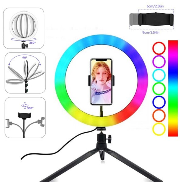 RBG Selfie Loof LED -rengasvalotila ja mobiilitarkistus musta