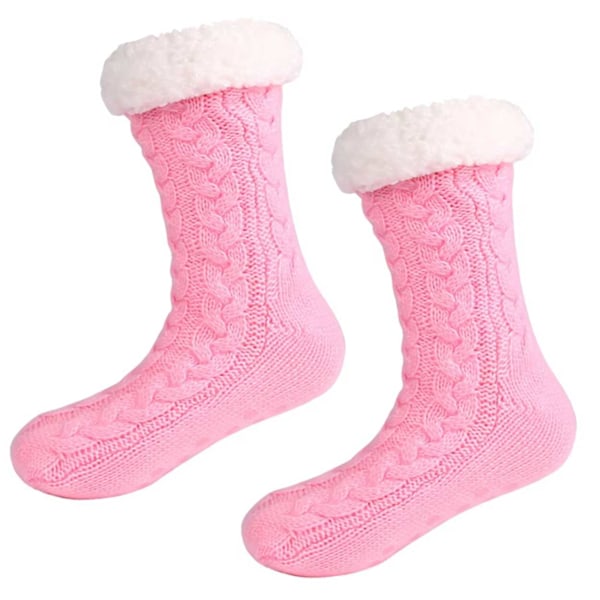 Lurviga Varma Stickade Sockor Tofflor med Halkskydd Rosa rosa one size