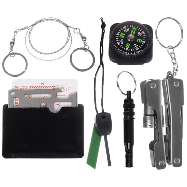 Käytännöllinen 7-in-1 Camping Survival Kit kätevässä säilytyspussissa