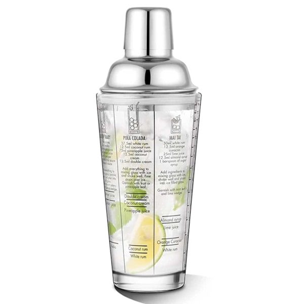 Cocktailshaker med drikkeopskrift 400 ml shaker glas rustfrit stål sølv