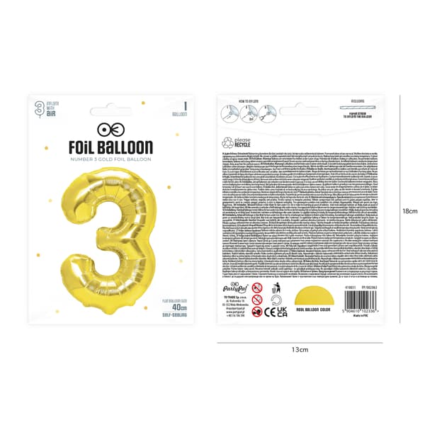 Folieballon tal 3 guld 40 cm guld