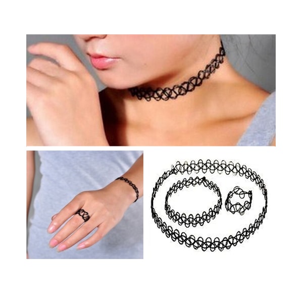 Trendy Stretch Choker Set Ring, armbånd og halskæde sort