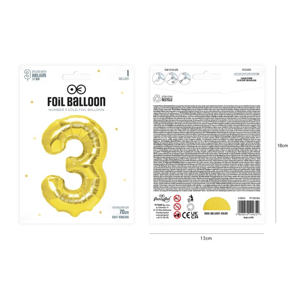 Folieballong Siffra 3 Guld 70 cm guld
