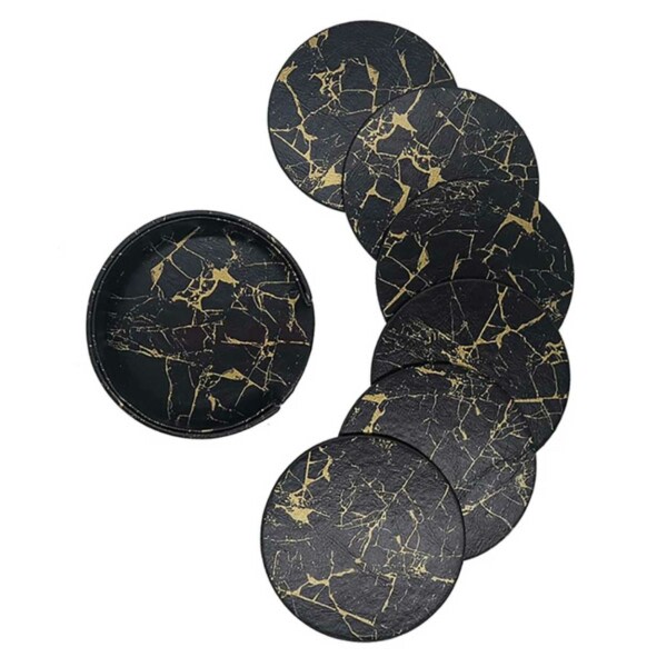 6-pakke reversible glasbaser sort marmor PU med indehaver sort