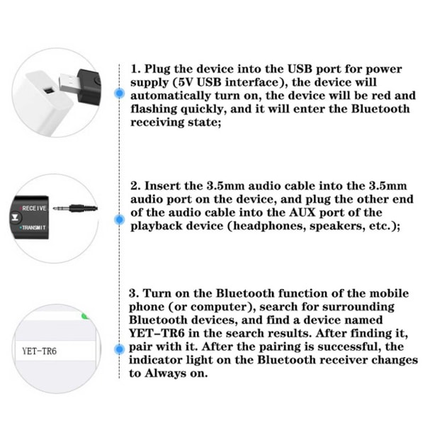 Bluetooth -adapter avsendermottaker for trådløs musikk 3,5 mm aux svart