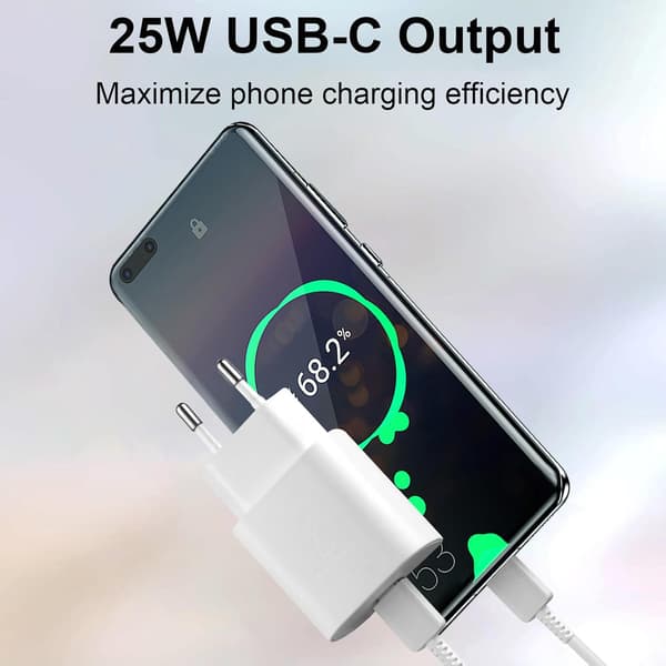 25W USB C Snabbladdare med 1m Typ C-kabel – Kompatibel med Samsung Galaxy, iPhone och iPad (USB-C) Vit